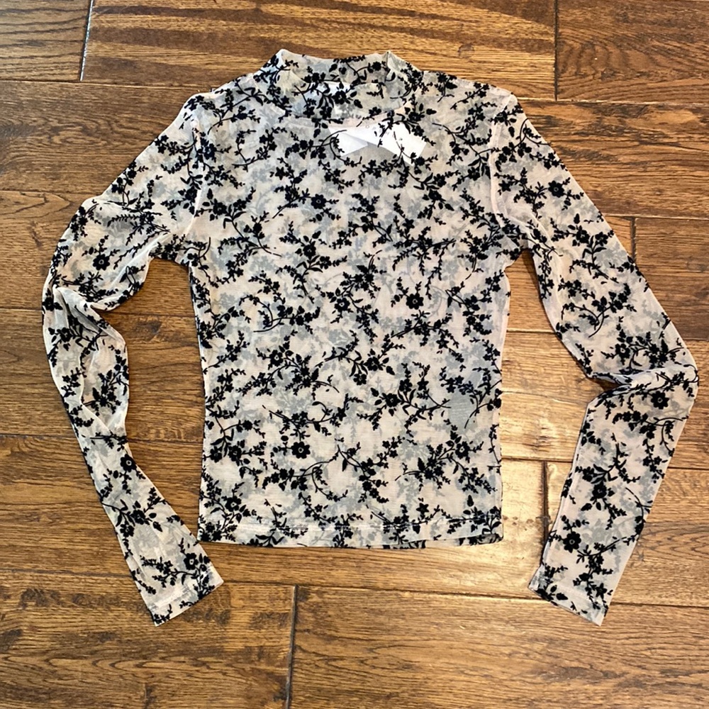 Topshop Sheer Skin Style Top In Nude with Black. Size 2